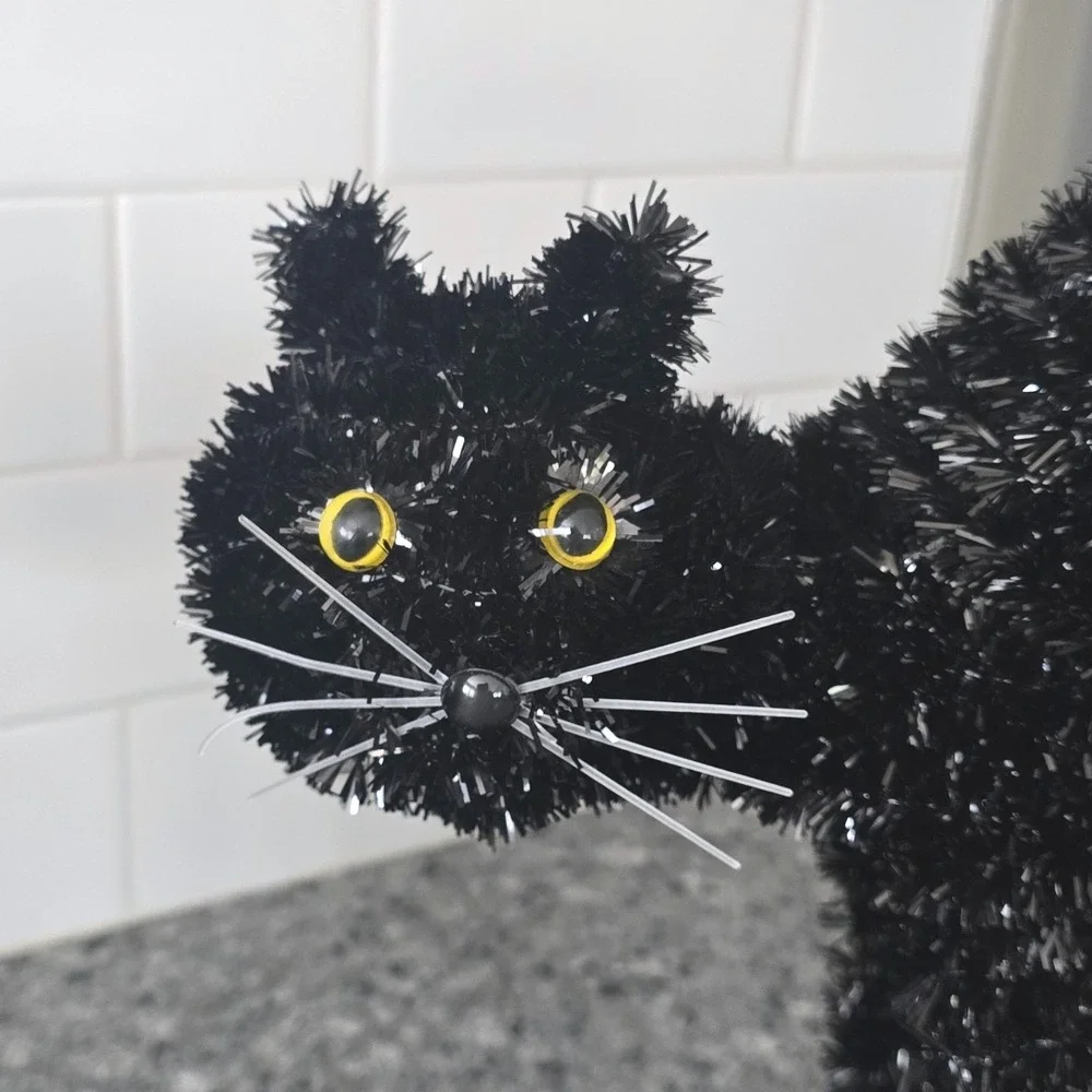 Halloween Tinsel Cat Pair Black Arched Back Spooky Sparkle Decor Witchy Party